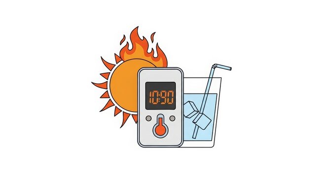 Heatwave Warning - Blazing Sun with Flames Thermometer Device Showing High Temperature and Cold Ice Water Glass