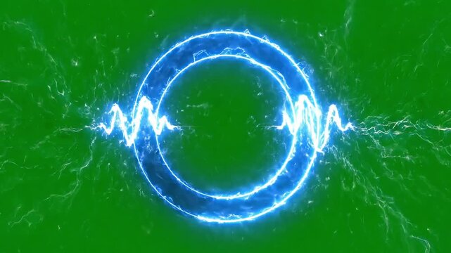 Glowing blue electric energy pulse ring forming a neon circle animation with lightning on a green screen