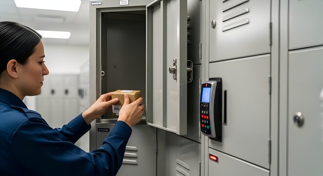 Woman placing package in locker, security concept