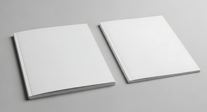 Two blank white brochures mockups laying on grey surface for corporate identity presentation branding template