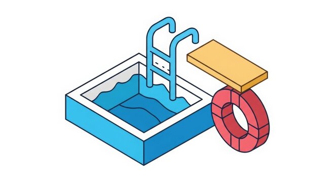 Swimming Pool - Isometric Illustration of Blue Pool with Ladder Diving Board and Red Life Preserver Ring