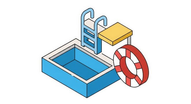 Swimming Pool - Isometric Illustration of Rectangular Pool with Ladder Diving Board and Life Preserver Ring