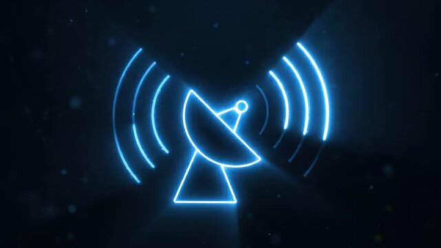 Glowing neon satellite dish icon transmitting signal waves on dark tech background seamless looping animation