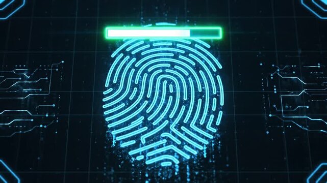 Biometric fingerprint scan animation on digital HUD interface background with successful green access
