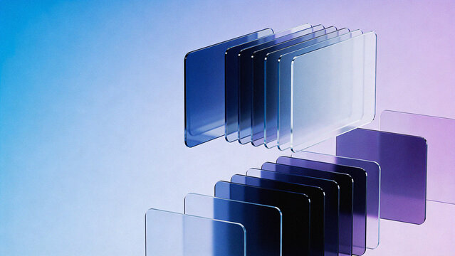 3D rendered glassmorphism website browser frames floating over a reflective surface with a vibrant blue and purple neon gradient backdrop