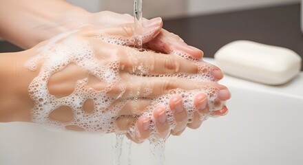 Fototapeta premium Washing hands with soap and water to prevent germs and hygiene