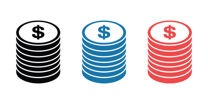 Stacks of coins with dollar signs in black blue and red money currency vector illustration isolated on white background
