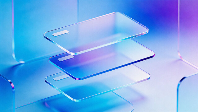 3D rendered glassmorphism website browser frames floating over a reflective surface with a vibrant blue and purple neon gradient backdrop