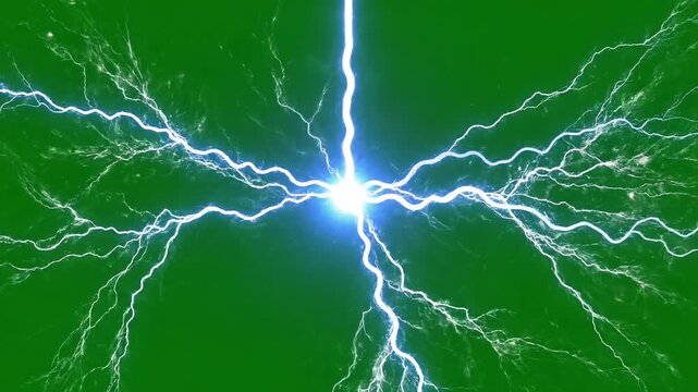 Realistic electric shock animation with flashing white lightning bolts cracking on a green screen background