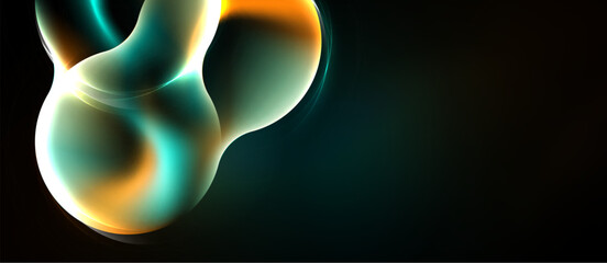 Naklejka premium Abstract shapes glow, blending turquoise, orange, white. Dark background emphasizes luminous forms, creating dynamic visual impact.