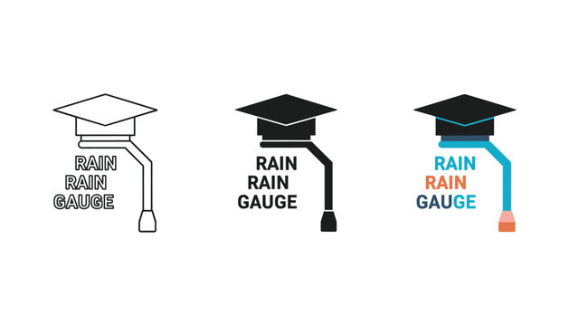 Rain gauge icons in line art solid black and colored versions with graduation cap