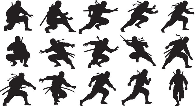 Ninja silhouettes, black ninja icons, martial arts vector set, 13 ninja graphics