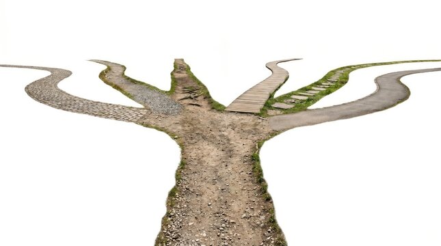 Dirt Path Splitting Into Multiple Winding Trails on Grassy Terrain Against White Background