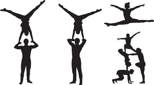Acrobatics, gymnastics, silhouettes, athletic poses, black icons, fitness illustrations, sport graphics