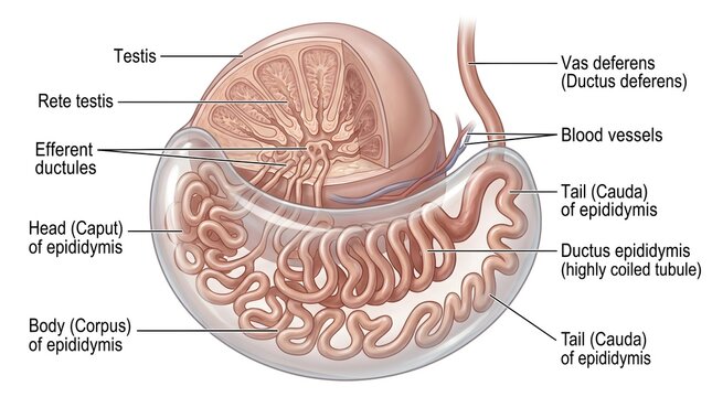 Testis and Epididymis Cross‑Section: Coronal View Displaying Seminiferous Tubules, Rete Testis, Efferent Ductules, Highly Coiled Epididymal Duct and Vas Deferens with Associated Blood Vessels for Unde