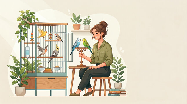 Woman caring for pet birds in indoor aviary with lush green plants and natural light