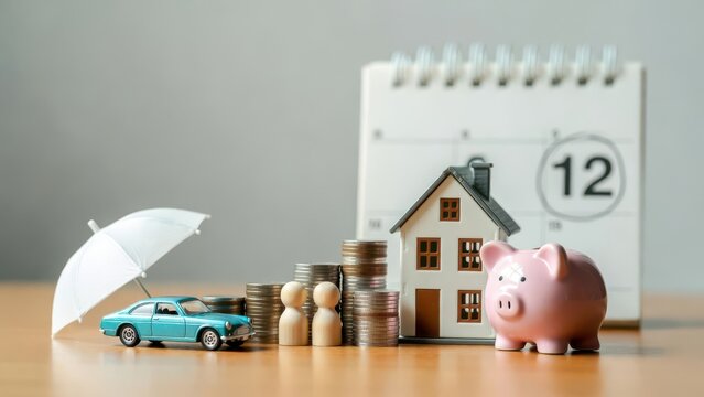 Real estate investment savings concept with toy house coins umbrella and piggy bank on calendar