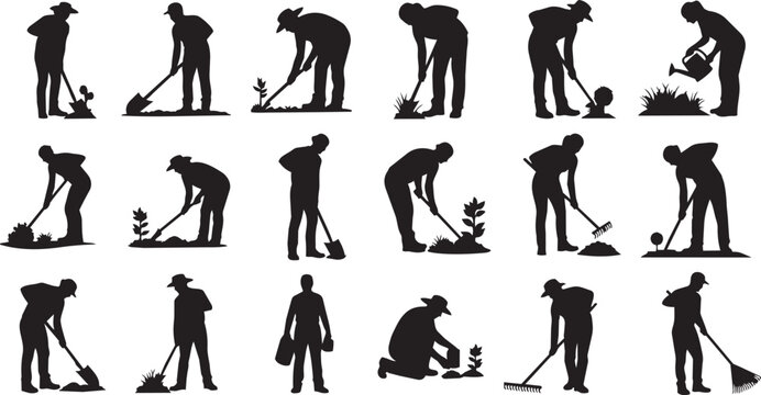 Gardening icons, garden tools, landscaping silhouettes, yard work illustrations, 20 black vector graphics