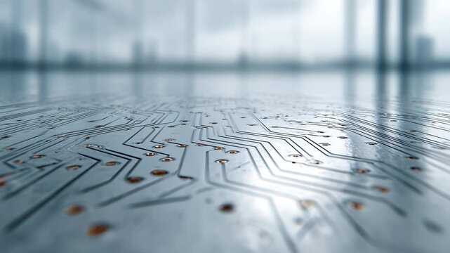 Close-up view of a futuristic circuit board on a reflective surface.