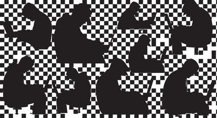 Fototapeta premium Black silhouettes, people icons, checkered background, vector graphics, modern style