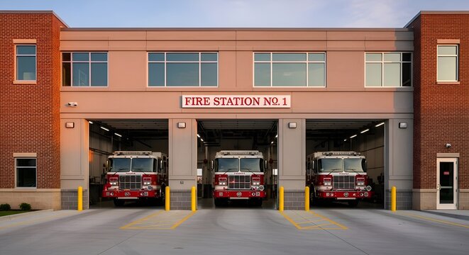 Fire Station Exterior with Fire Trucks Inside the Building