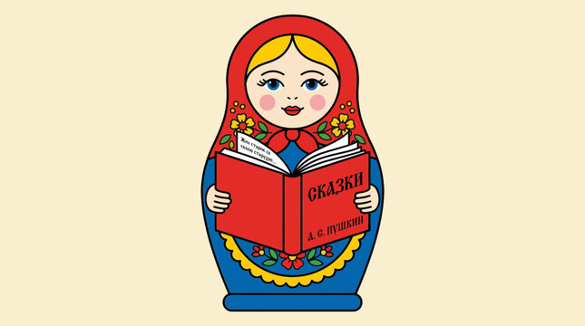 Russian Matryoshka Doll Holding Open Book with Cyrillic Text
