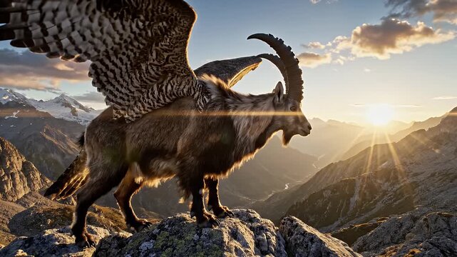 A fantastical creature combining the features of an ibex and a falcon stands majestically on a rocky alpine ridge.