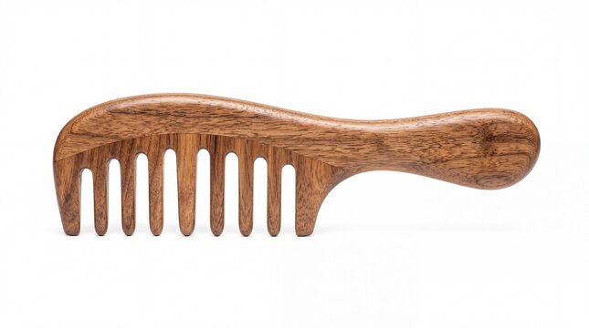 Elegant handcrafted wide tooth comb made from natural brown wood grain texture on white background