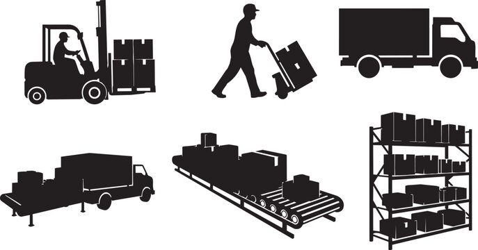 Logistics icons, warehouse symbols, industrial signs, transportation graphics, 6 black silhouette vector graphics