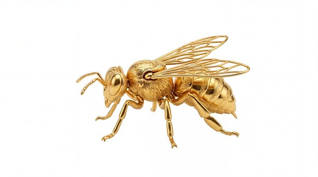 Detailed metallic golden bee sculpture rendered with high quality textures and lighting on white background