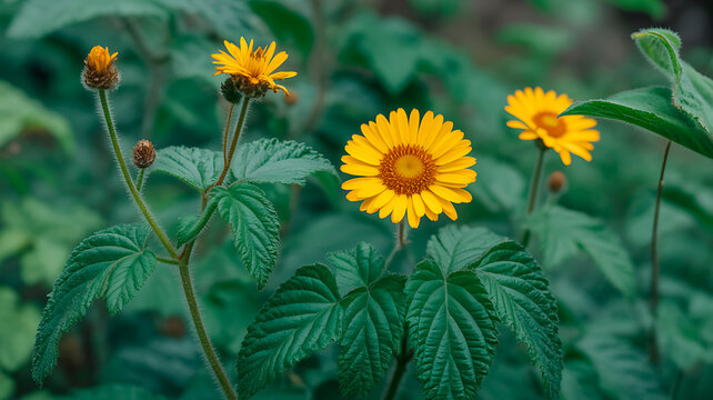 Beautiful yellow flowers of doronicum blooming in a garden