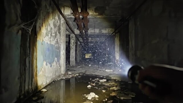 Flashlight beam cuts through a dark abandoned corridor with peeling walls, standing water and scattered debris, revealing decayed interiors during tense inspection, search or urban exploration.