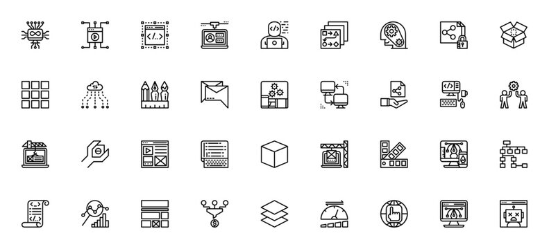 Web Development icon set. Minimal icons pack. Includes symbols for Cpu, Browser, Coding, Network, Website, Cloud, Error, Domain and more. Editable vector stroke.