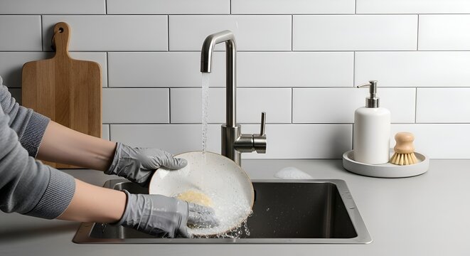 Washing dishes in the kitchen sink: Cleaning and housework concept.