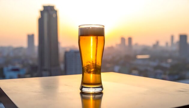 Golden hour cityscape with coffee cup foreground.