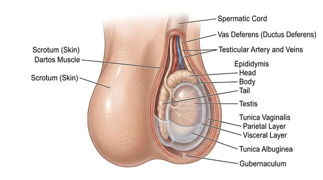 Scrotum and Testis Layers: Sagittal Illustration Showing Scrotal Skin with Dartos Muscle, Tunica Vaginalis Visceral and Parietal Layers, Tunica Albuginea, Enclosed Testis and Epididymis, Vas Deferens 