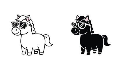 Cute cartoon pony with cool sunglasses and fluffy mane in vector line art and solid black silhouette style © jpgstore