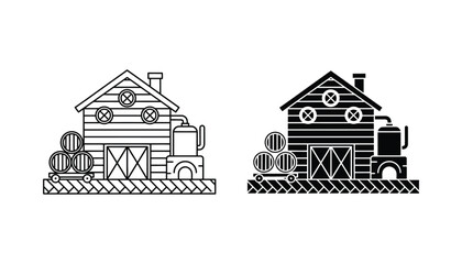 Distillery barn building with whiskey barrels and industrial equipment linear and solid icon set for alcohol production and brewery design isolated on white background © jpgstore