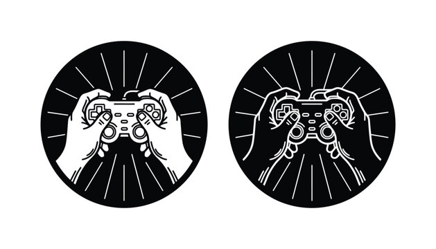 Human hands holding video game controller inside circular badge with light rays in vector line art and solid black silhouette