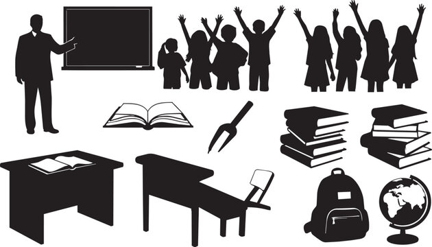 Education icons, school supplies, classroom elements, black silhouette set