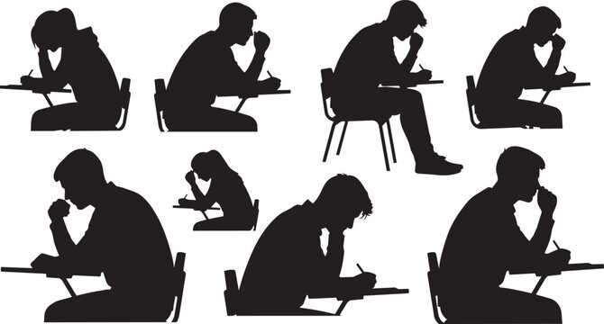 Silhouette people sitting, students studying, exam test, desk icons, black set