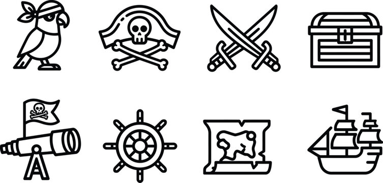 Pirate icons: parrot skull swords treasure telescope ship