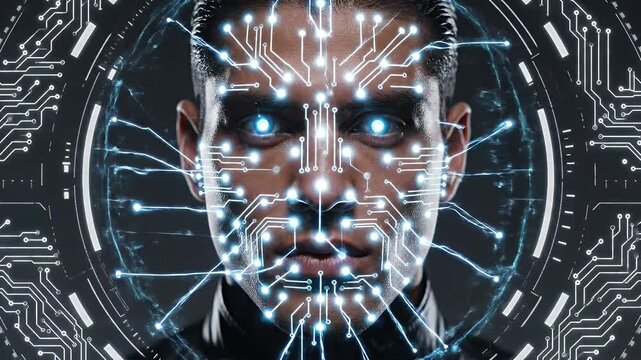 This video showcases a close-up of a human face integrated with a high-tech biometric facial recognition design.