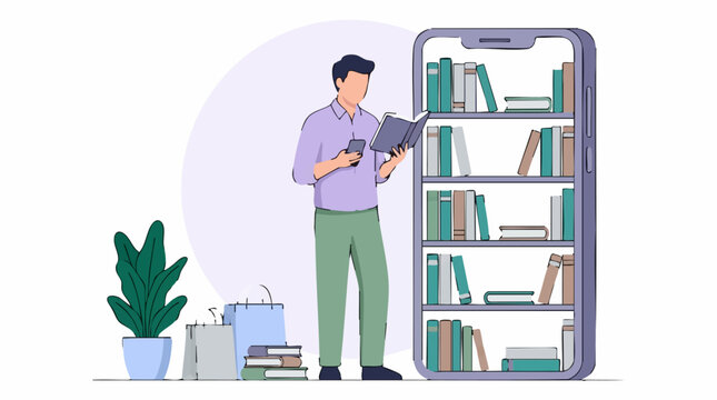 Man reading book and smartphone, digital library and online education concept