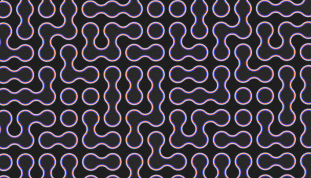 Geometric seamless pattern of rounded interlocking purple lines forming an abstract maze circuit network on black background