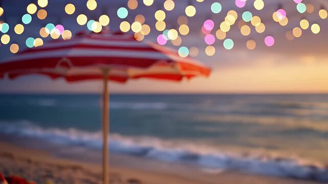 A serene beach scene featuring a red and white striped parasol, set against a backdrop of soft waves and a colorful bokeh light display in the evening sky.
