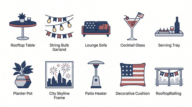 Collection of outdoor party and gathering elements for celebrations and events, featuring furniture and decor