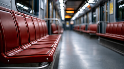 Obraz premium Empty subway train interior with long rows of red seats, highlighting themes of solitude, urban travel, public transportation, and quiet commuting during off peak hours, copy space