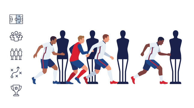 Flat vector illustration showing diverse soccer players in jerseys and shorts practicing agility drills and dribbling around silhouettes of training dummies on a white background with sport icons.