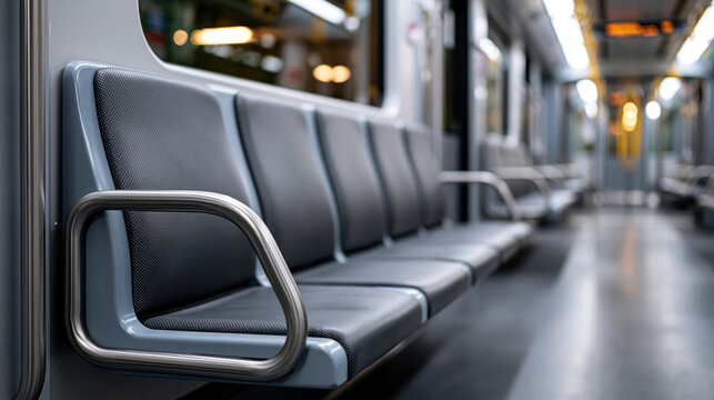 Urban public transports empty modern subway train interior during off peak hours, showcasing rows of clean seating, reflecting concepts of transit, travel, and quiet commute